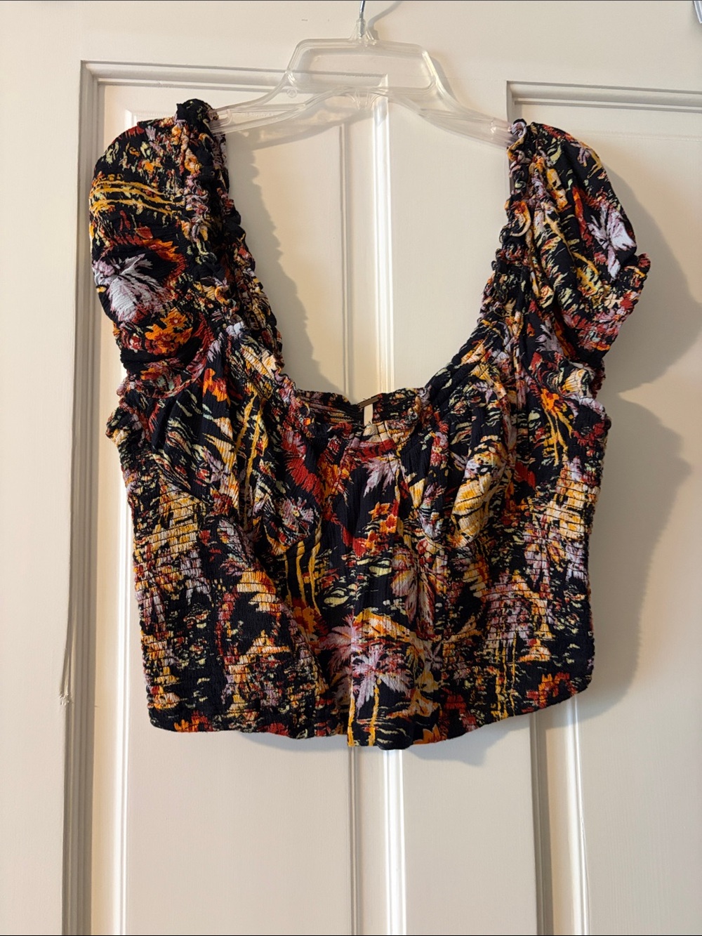 Free People Black Smocked Floral Crop Top with Multicolor Print